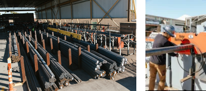 Warehouse stacked with rebar materials and jobsite equipment for concrete reinforcement and construction applications.