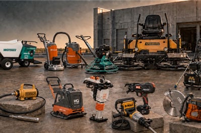 concrete-product-rentals Alt text: Diverse jobsite equipment including concrete trowels, vibrators, and saws for efficient construction and rebar reinforcement.