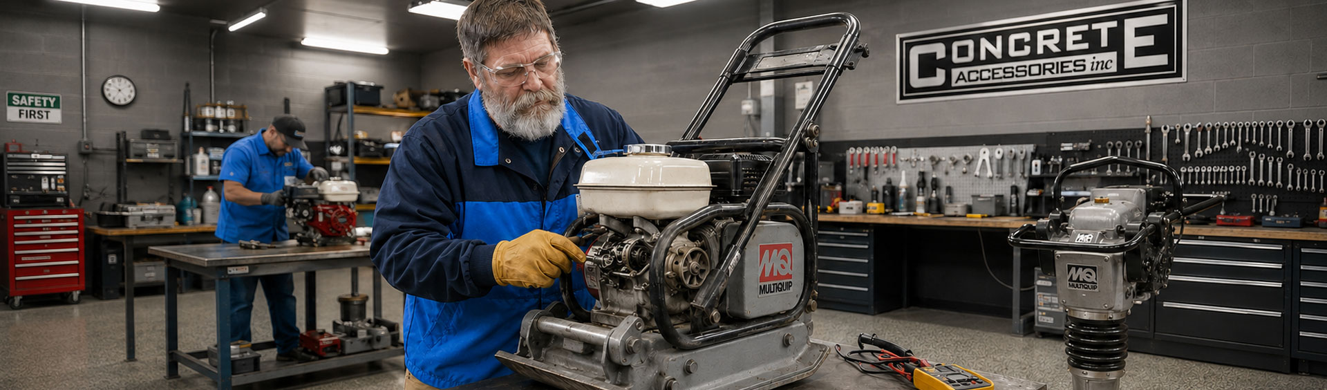 Technician inspecting a Multiquip compactor in a workshop, highlighting essential jobsite equipment for concrete projects.