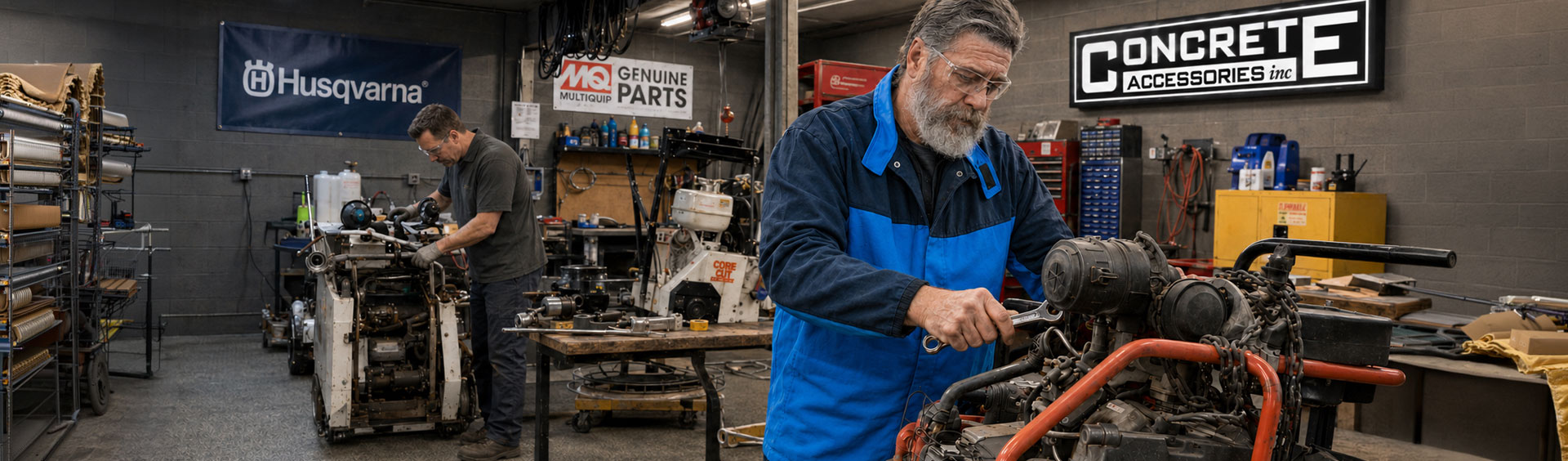 Two technicians repair jobsite equipment, focusing on engines and tools, surrounded by construction supplies and parts.